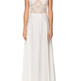 بدلة طويلة مطرزة بدانتيل حرير فامبي باللون البيج الفاتح