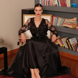 VAMPY SILK LACE EMBROIDERED LONG ROBE BLACK